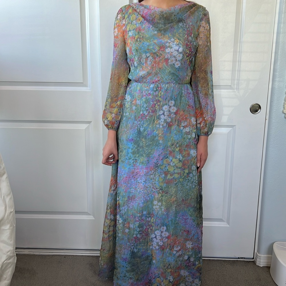 Vtg 60s 70s floral watercolor grey blue flowy maxidress M L gorgeous photo op